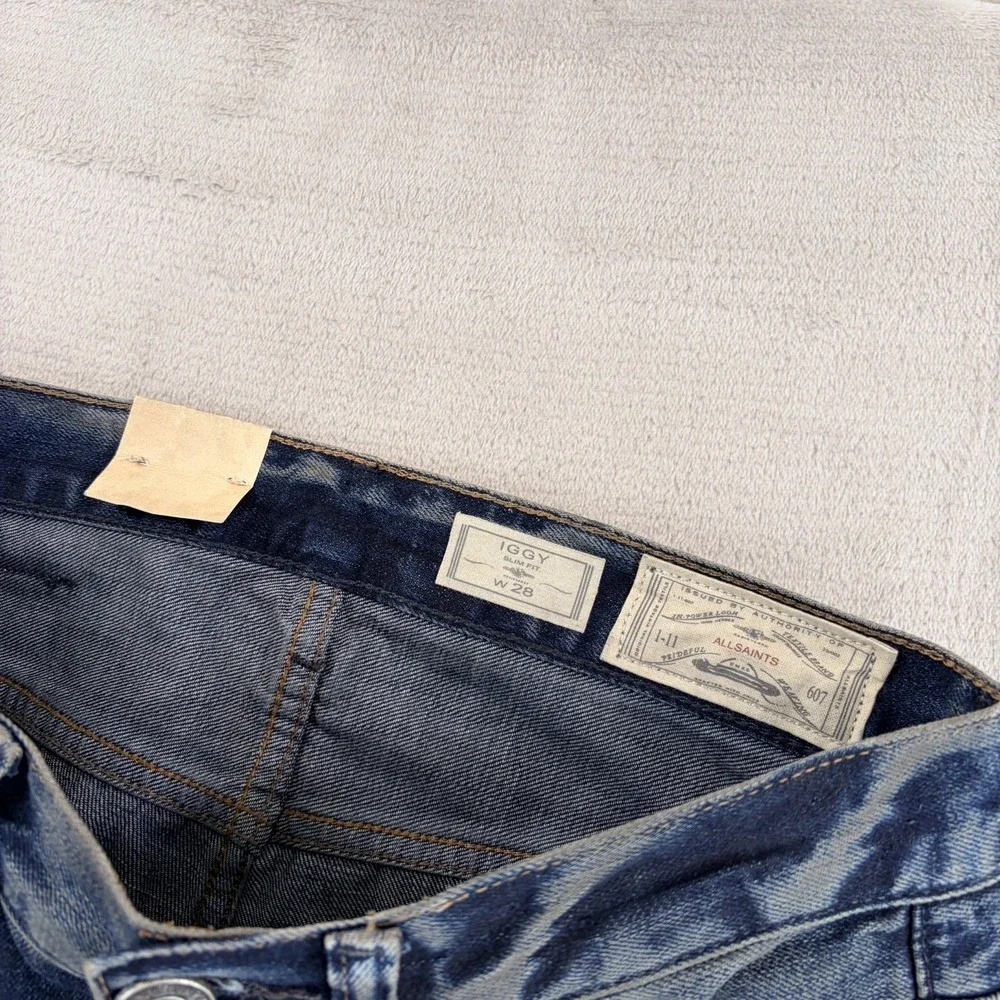 AllSaints Stanton Iggy‎ Slim Fit Jeans Blue Wash Men 28x28 Button Fly NWT $199